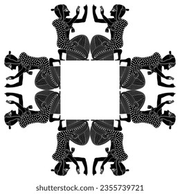 Rectangular cross shape ethnic frame with kneeling praying ancient Egyptian men. Black and white negative silhouette.