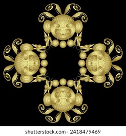 Rectangular cross shape ethnic ornament or frame with Native American design of Moche Indians. Tribal art of ancient Peru. Golden glossy silhouette on black background.