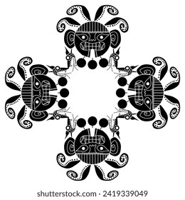 Rectangular cross shape ethnic ornament or frame with Native American design of Moche Indians. Tribal art of ancient Peru. Black and white silhouette.