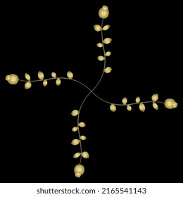 
Rectangular cross shape with four blooming branches. Golden glossy silhouette on black background.
