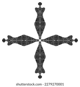 Rectangular cross shape with four female figurines from Cucuteni. Neolithic tattooed goddess. Black and white negative silhouette. Trypillia culture.