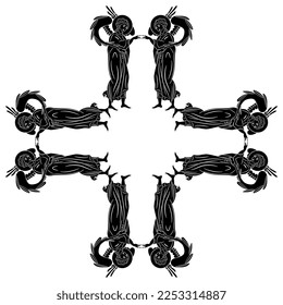 Rectangular cross shape frame or geometrical ornament with vintage angels. Black and white silhouette.