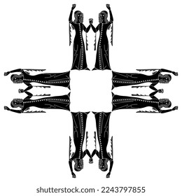 Rectangular cross shape frame with medieval women holding hands. Black and white silhouette.