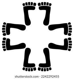 Rectangular cross shape frame with stylized funny human feet or bare footprints. Native American motif from Mexican codex. Black and white silhouette.