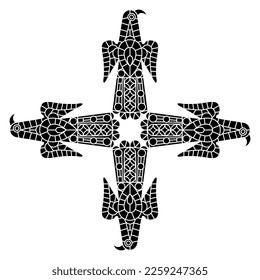 Rectangular cross shape ornament with four stylized eagle birds. Medieval Visigoth design from Spain. Black and white silhouette.