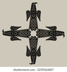 Rectangular cross shape ornament with four stylized eagle birds. Medieval Visigoth design from Spain. Monochrome silhouette.