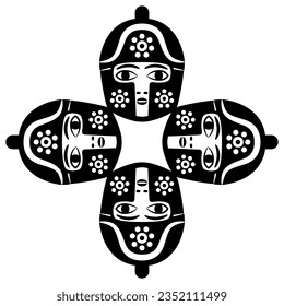 Rectangular cross shape ornament with four antique helmeted warrior heads. Ancient Greek style. Black and white silhouette.