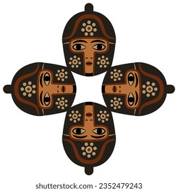 Rectangular cross shape ornament with four antique helmeted warrior heads. Ancient Greek style. Isolated vector illustration.