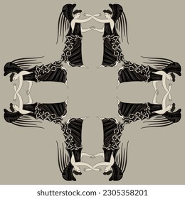Rectangular cross shape ornament or square ethnic frame with standing winged antique women or angels. Ancient Greek goddess Nike. On gray background.