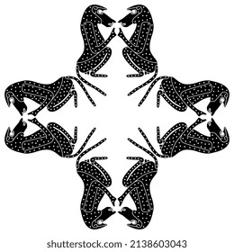 Rectangular cross shape or square frame with seated male hamadryas baboon monkey or apes. Ancient Egyptian animal design. Embodiment of god Thoth. Black and white negative silhouette.