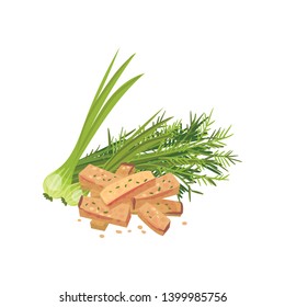 Rectangular croutons with greens. Vector illustration on white background.