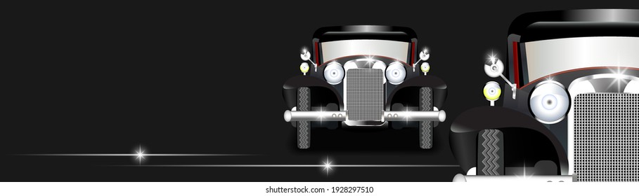 Rectangular dark banner, radiant highlights. Retro cars with large shiny headlights, rounded fenders and nickel-plated bumpers
