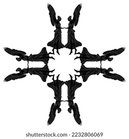 Rectangular decorative design or frame with winged antique goddesses or angels. Black and white negative silhouette.