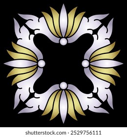 Rectangular decorative element with floral motifs. Folk style. Black, gold and white geometrical ornament.