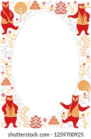 Rectangular decorative frame with bears, plants and trees. Folk Art.  Scandinavian style. 