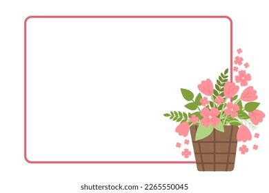 Rectangular decorative frame with bouquet of flowers in wicker basket. Template for poster, invitation, postcard, greeting card. Bouquet of tulips hand drawn. Copy space. Vector illustration