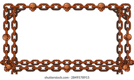 A rectangular decorative frame composed of interlocking rusty metal chains with several human skull icons placed periodically along the border. The illustration features a weathered, industrial aesthetic with orange-brown rust textures. The center is blank white, making it suitable for text placement or as a photo border for Halloween and horror-themed graphics.
