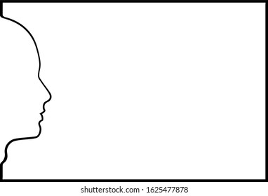 A rectangular, decorative frame, the left side of which is the silhouette of face in the profile of an ordinary person.  