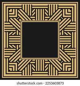 Rechteckiger, dekorativer goldener Rahmen. Geometrisches abstraktes Vintage-Ornament mit Platz für Text. Monogramm, Grußkarte, Einladung zur Hochzeit. Element, Vektordesign.