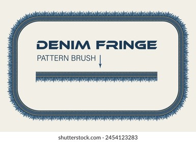 Rectangular denim frame. Pattern brush with denim fabric, double topstitching, fringe. Design element in vintage style.