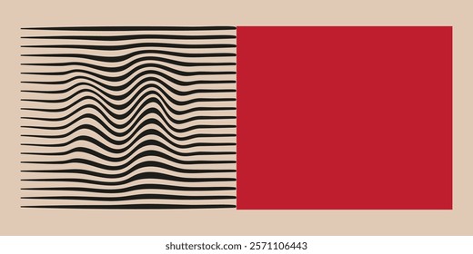 A rectangular design with black wavy lines on a beige background beside a solid red rectangle. Bauhaus composition.