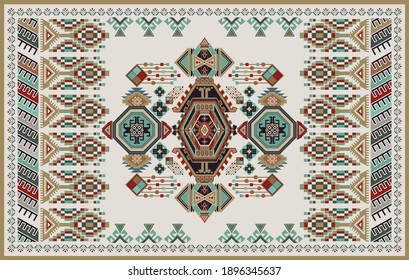 Rectangular design for carpet with geometric ethnic ornaments. Vector clipart. Design for mat, carpet, rug