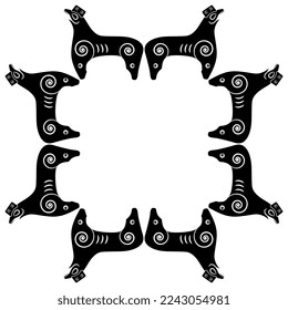 Rectangular design or frame with fantastic animals or griffins. Ancient Viking folk motif. Black and white silhouette.