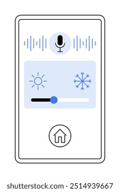 Rechteckiges Gerät mit Mikrofon, Schallwellen, Temperaturschieber zwischen Sonne und Schneeflocken-Symbolen und Home-Taste. Ideal für Smart Homes, Technologie, Sprachsteuerung, Klimaregulierung, Minimalismus.