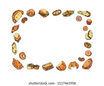 Rectangular doodle frame made of bakery items, bread, pastry, snacks. Vintage patisserie. Copy space. Editable template, isolated hand drawn coloured cliparts for prints