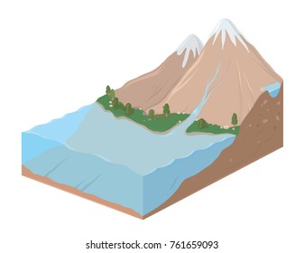 Rectangular earth slice with mountain landscape and ocean, vector illustration.