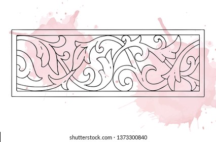 Rectangular element with ornament. Vector pattern. Russian style. Watercolor background