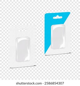 Rectangular empty cardboard back clear plastic blister box with euro hole. 3d mockup. Rectangle hanging individual product sleeve package. Realistic vector mock-up. Easy editable template