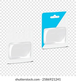Rectangular empty cardboard back clear plastic blister box with euro hole. 3d mockup. Rectangle hanging individual product sleeve package. Realistic vector mock-up. Easy editable template