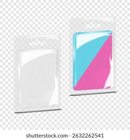 Rectangular empty cardboard back clear plastic blister box with euro hole. 3d mockup. Rectangle hanging individual product sleeve package. Realistic vector mock-up. Easy editable template