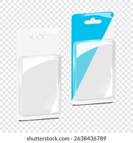 Rectangular empty cardboard back clear plastic blister box with euro hole. 3d mockup. Rectangle hanging individual sleeve product package. Realistic vector mock-up. Easy editable template