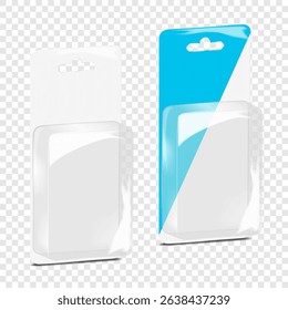 Rectangular empty cardboard back clear plastic blister box with euro hole. 3d mock-up. Rectangle hanging individual sleeve product package. Realistic vector mockup. Easy editable template
