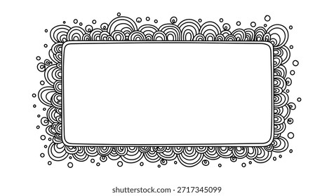 Marco vacío rectangular decorado con intrincados patrones de doodle de círculos concéntricos y puntos en un estilo de arte de línea en blanco y negro.