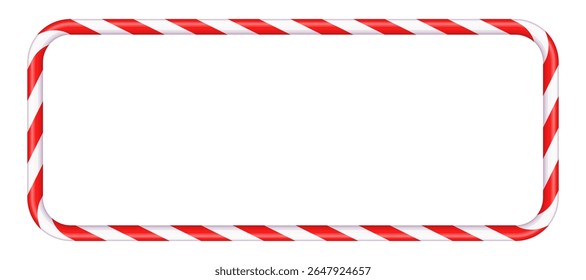 Rectangular empty frame in the shape of red and white Christmas candy, striped candy cane, space for text. Festive Christmas banner. Vector illustration, isolated, on white background