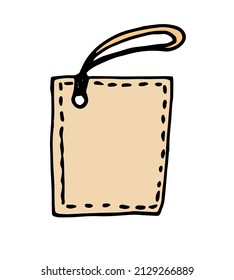 rectangular empty gift tag made of brown paper. hand-drawn in the style of a doodle, black outline with beige color, rectangular shape with a ribbon with a pattern of short strokes empty on a white de