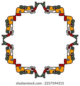 Rectangular ethnic animal frame with stylized heads of snake or dragon with forked tongue. Native American art of Aztec Indians from Mexican codex. Isolated vector illustration.