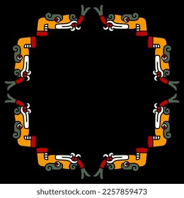 Rectangular ethnic animal frame with stylized heads of snake or dragon with forked tongue. Native American art of Aztec Indians from Mexican codex. On black background.