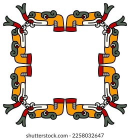 Rectangular ethnic animal frame with stylized heads of snake or dragon with forked tongue. Native American art of Aztec Indians from Mexican codex. Isolated vector illustration.