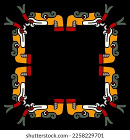 Rectangular ethnic animal frame with stylized heads of snake or dragon with forked tongue. Native American art of Aztec Indians from Mexican codex. On black background.