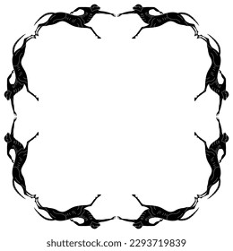 Rectangular ethnic border with running ancient Greek centaurs. Half men half horses. Vase painting style. Black and white silhouette.