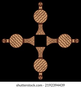 Rectangular ethnic cross design with four ancient Greek figurines. Mycenaean bird goddess. On black background,