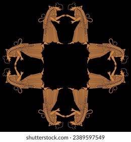Rectangular ethnic design or frame with ancient Greek women or maenads. Vase painting style.