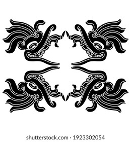 Rectangular ethnic design or frame with heads of fantastic monsters with open mouths. Native American art of Maya Indians. Black and white silhouette.