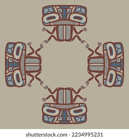 Rectangular ethnic design with totem animals. Native American art of Tlingit Indians. 