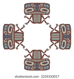 Rectangular ethnic design with totem animals. Native American art of Tlingit Indians. Isolated vector illustration. On white background.