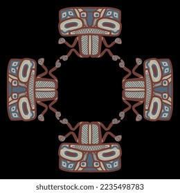 Rectangular ethnic design with totem animals. Native American art of Tlingit Indians. Isolated vector illustration. On black background.